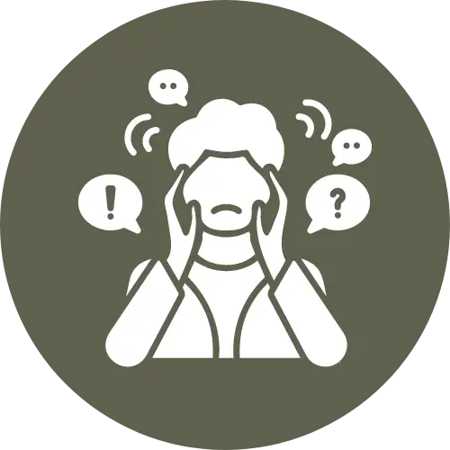 White line icon of a person holding their head in distress, with exclamation and question mark speech bubbles