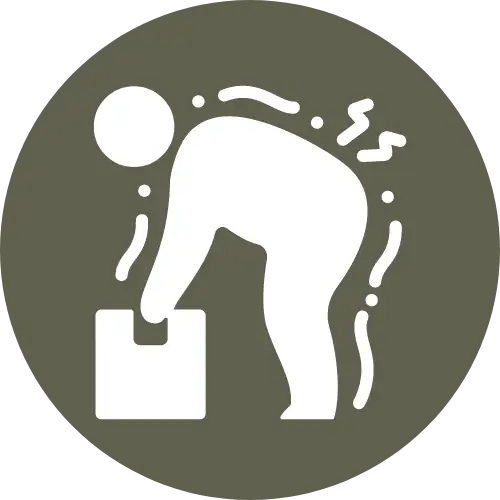 White silhouette of a person bent forward at the waist lifting a box, with jagged lines showing back strain