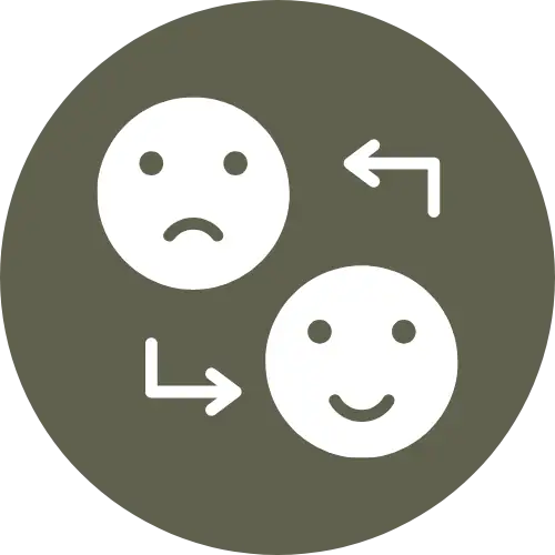 White icon of a sad face and a happy face on a dark olive circle, with arrows showing change between them