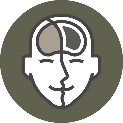 Line icon of a head split down the middle, one side showing a light grey brain and the other a dark grey brain